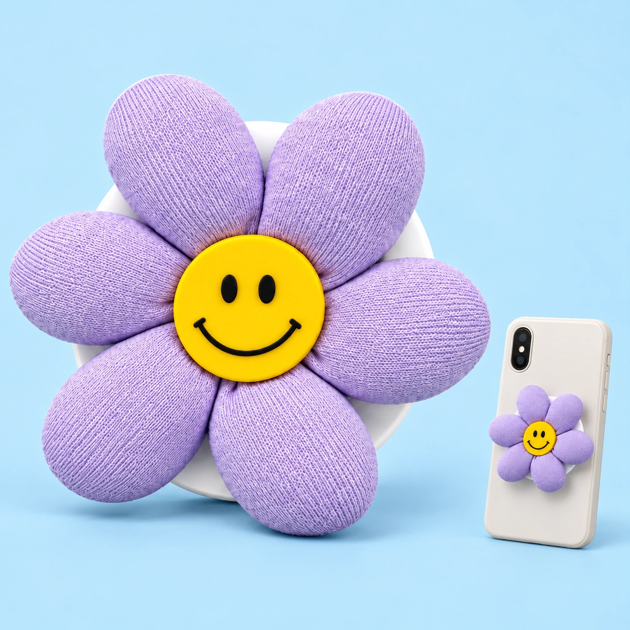Lilac six-petal fabric flower phone grip with yellow smiley center, shown complete and mounted on a phone