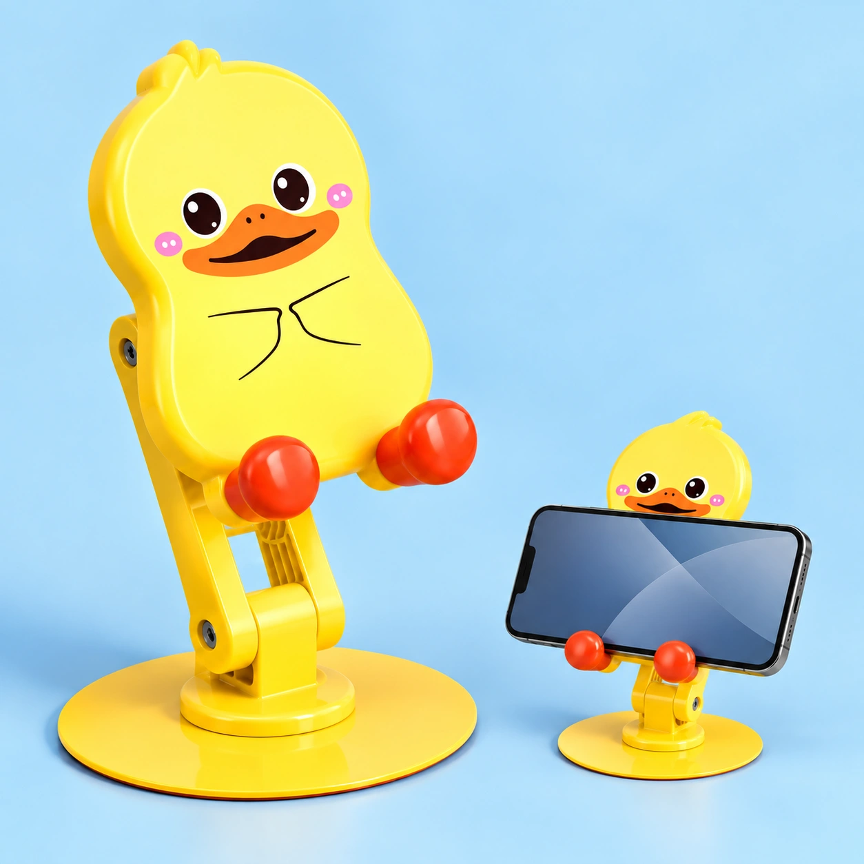 Yellow duck rotating folding phone stand shown alone and supporting a landscape phone
