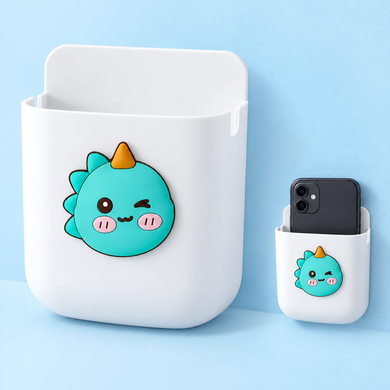 White Dinosaur Badge Adhesive Wall Phone Pocket