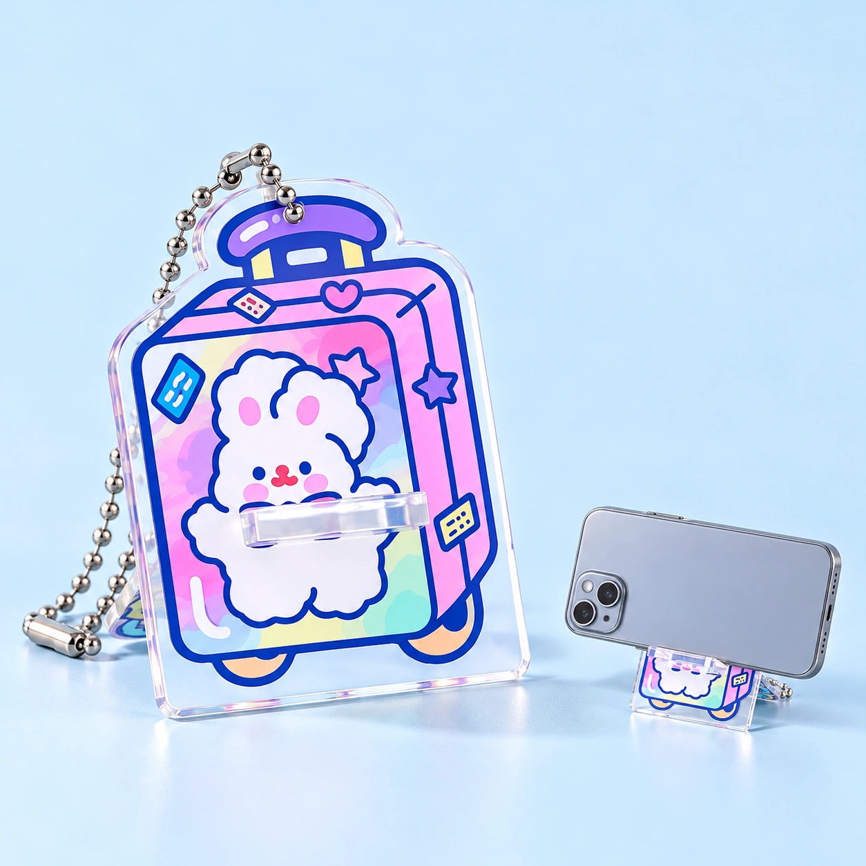 Pastel bunny suitcase acrylic keychain phone stand and landscape phone illustration