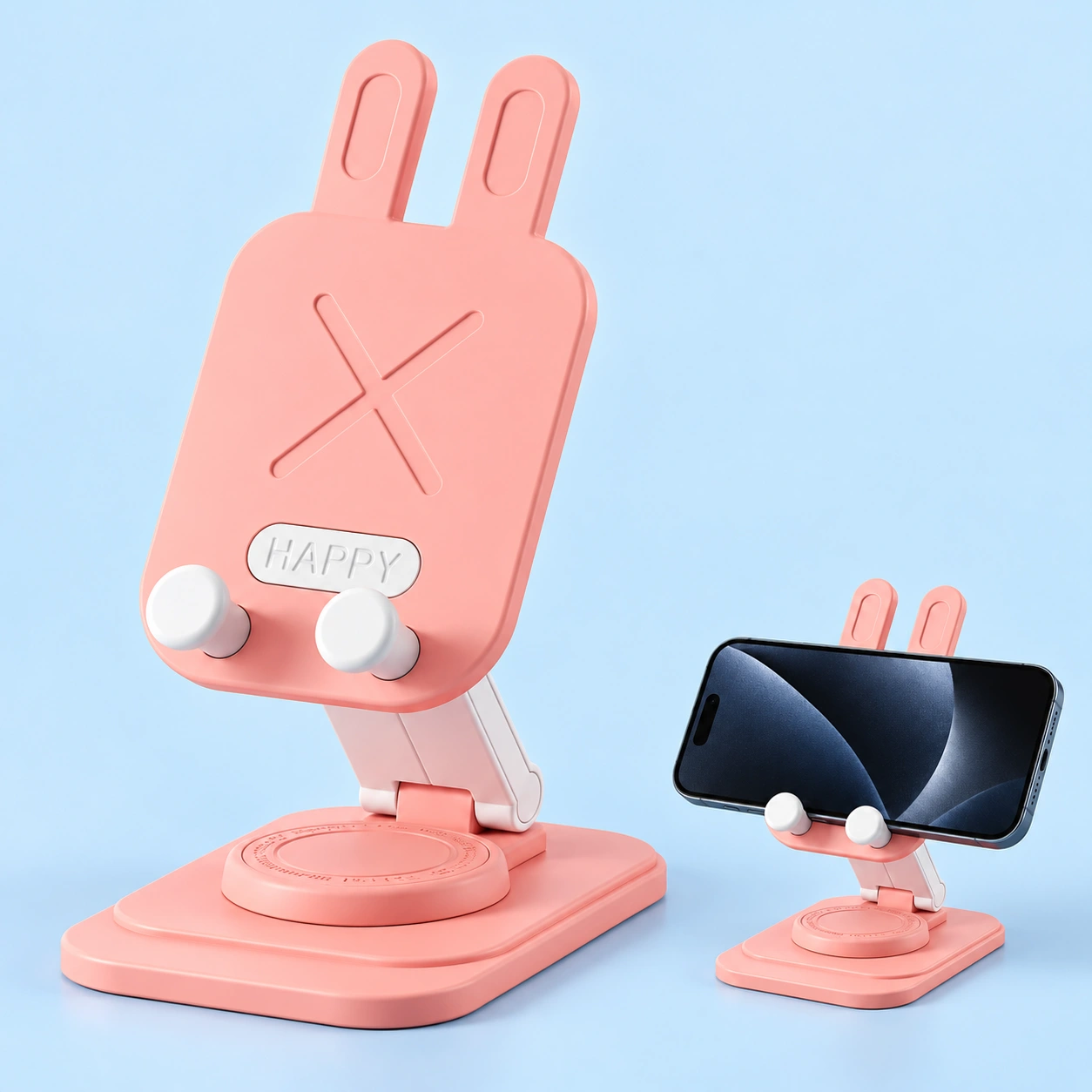 Pink Long-Ear Rabbit Rotating Phone Stand shown complete and supporting a landscape phone
