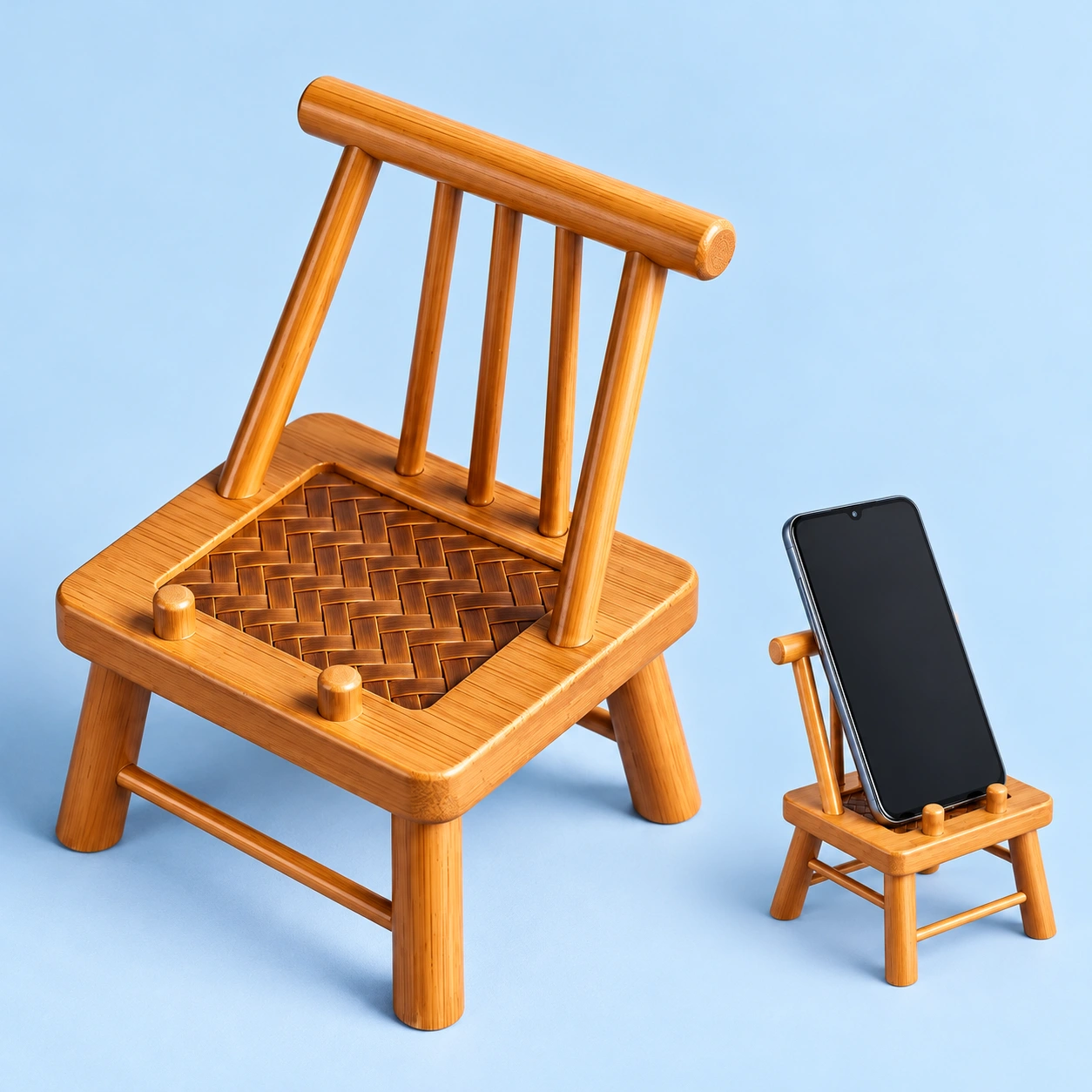 Mini woven-seat bamboo chair phone stand shown complete and holding a portrait phone