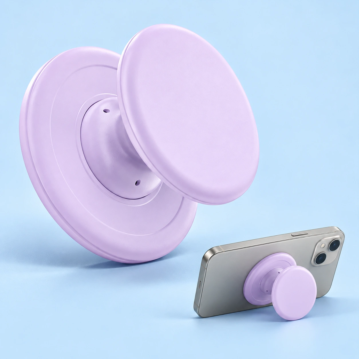 Lilac round expandable phone grip shown complete and supporting a landscape phone