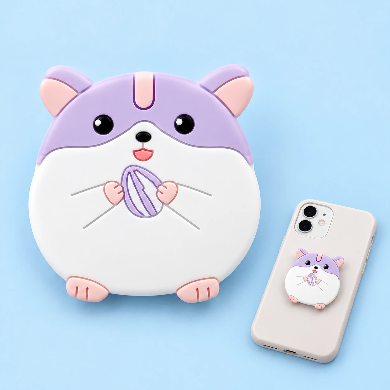 Lilac Hamster Expandable Phone Grip shown complete and mounted flat on a phone case