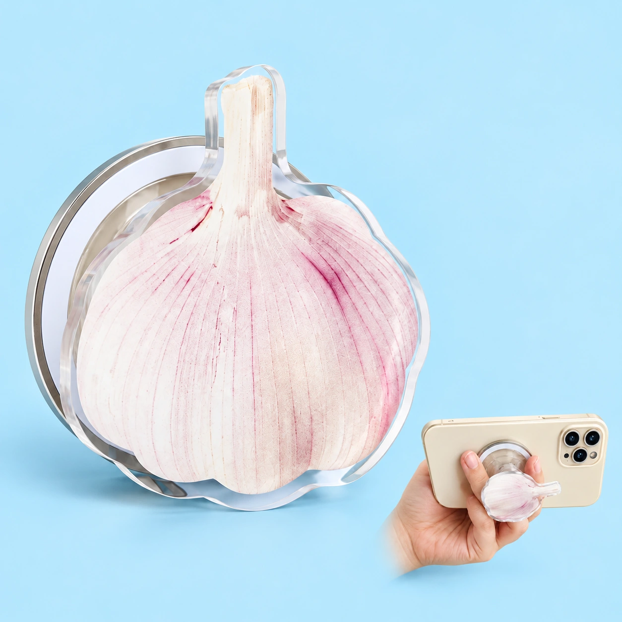 garlic die-cut magnetic expandable phone grip and illustrative phone use