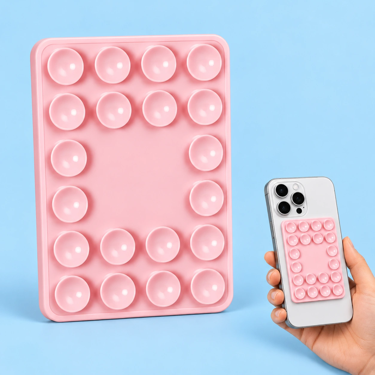 Pastel pink magnetic suction phone pad with 20 cups and blank center, shown flat on a phone