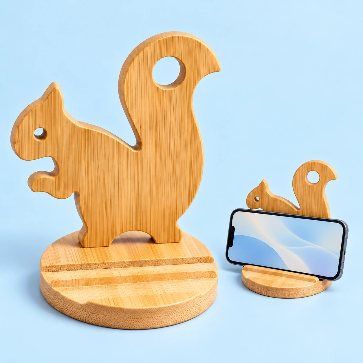 Bamboo Squirrel Phone Stand, complete stand left and landscape phone seated in the base groove right; phone not included