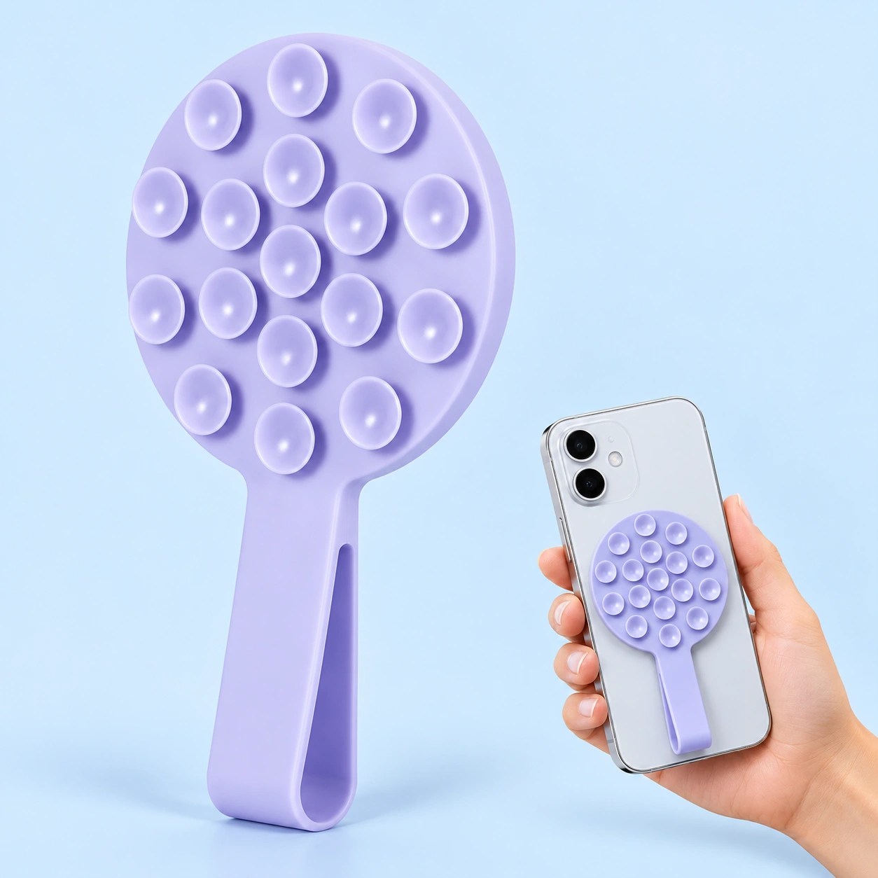 Lilac round magnetic suction phone pad with integral loop, shown flat on a phone