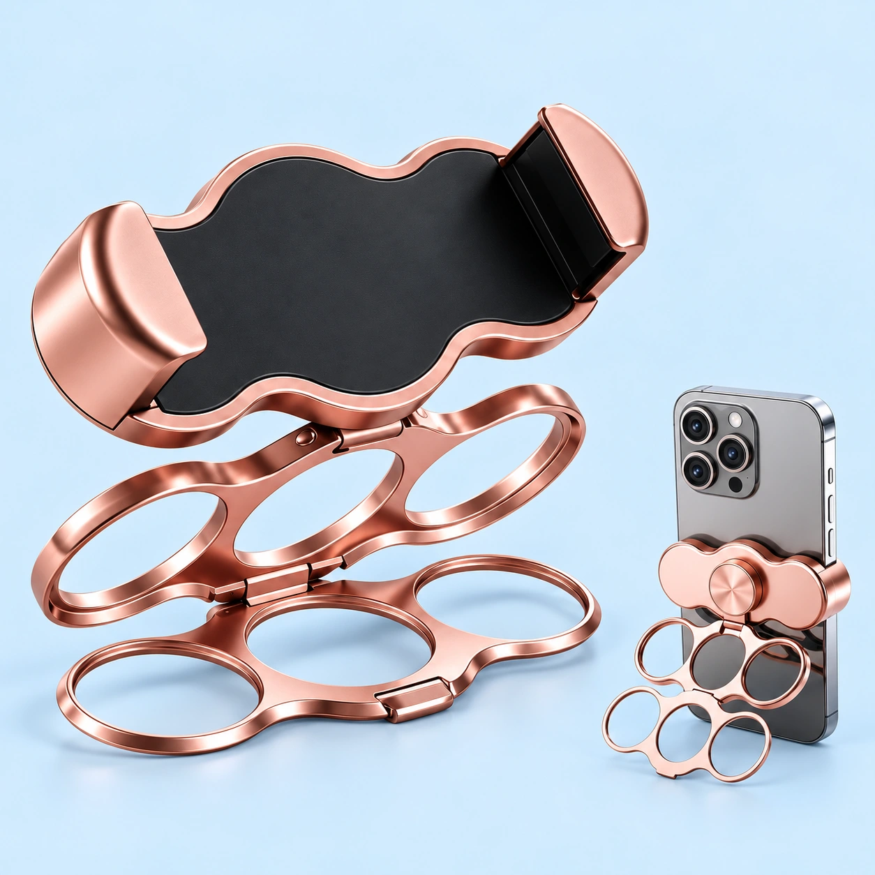 Rose pink clip-on phone grip with double-fold triple-ring frames and phone-back attachment illustration