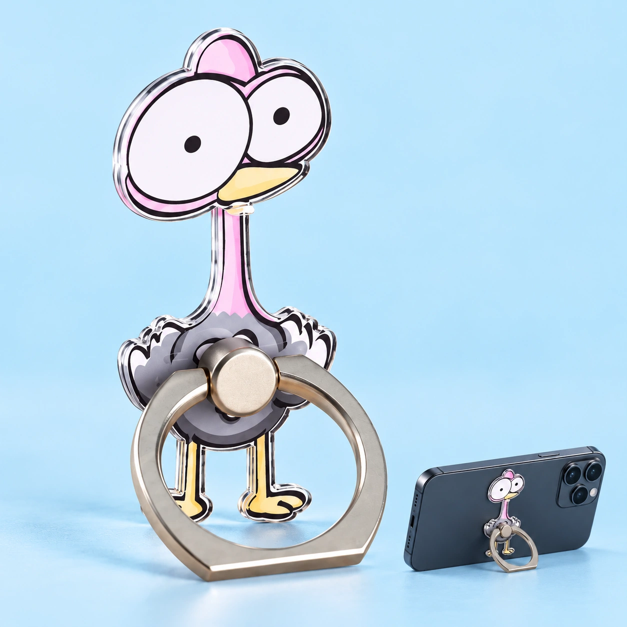 Ostrich Phone Ring Holder shown complete with illustrated phone use