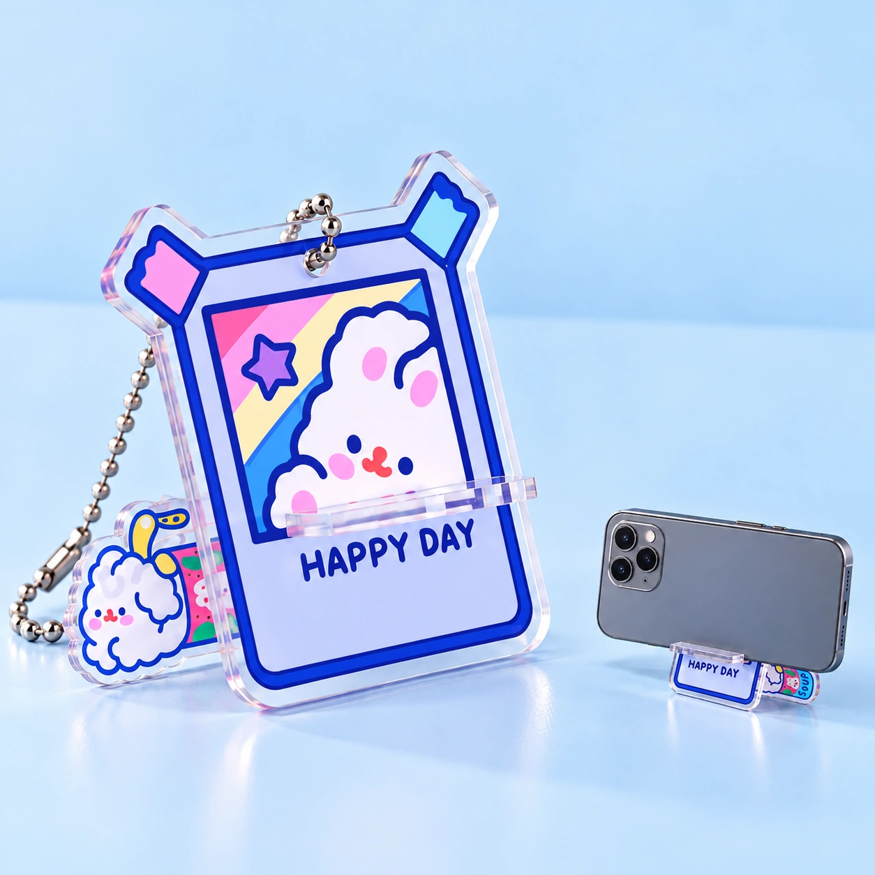 Happy Day bunny photo-frame acrylic keychain phone stand and landscape phone illustration