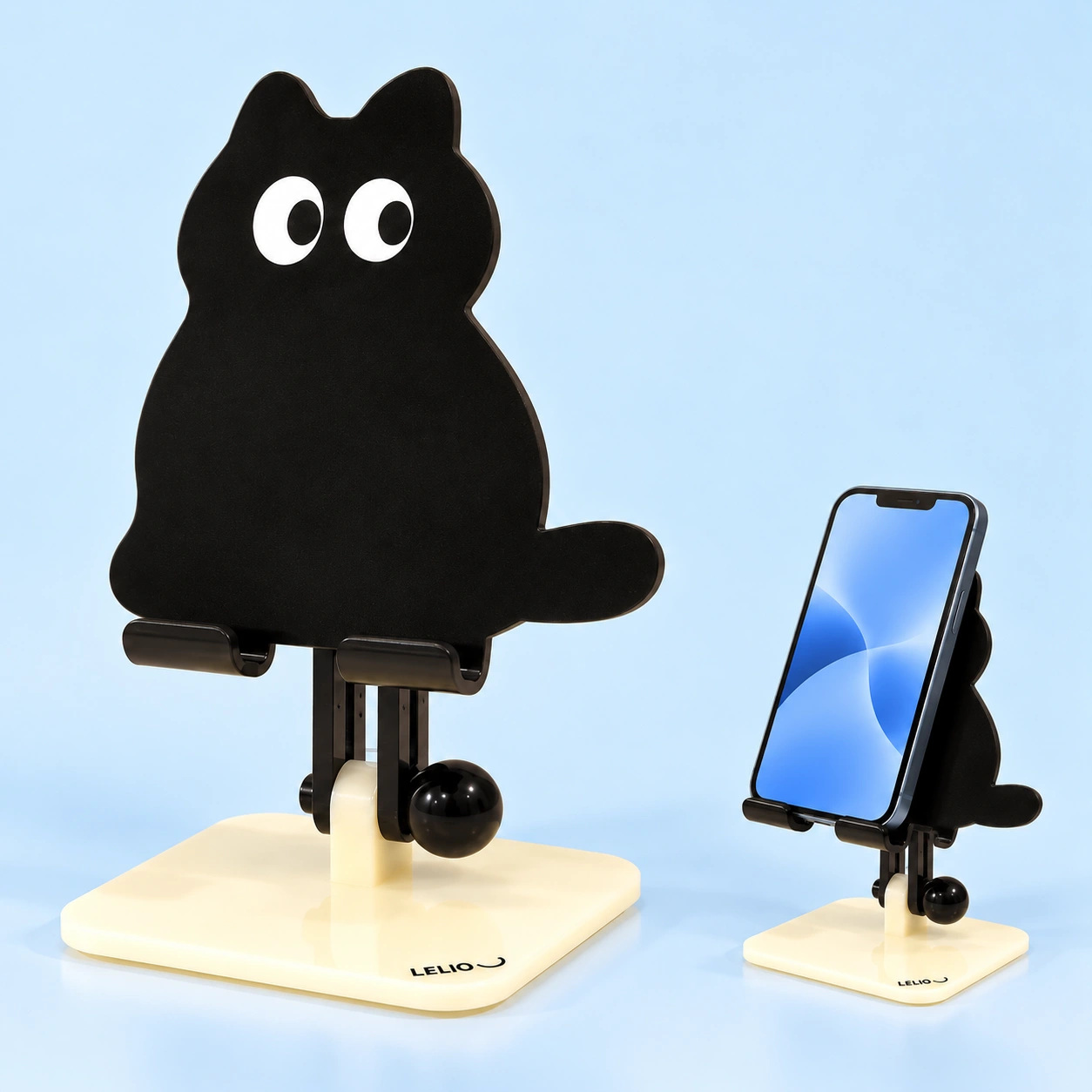 Black seated cat acrylic adjustable phone stand and illustrative portrait-phone support