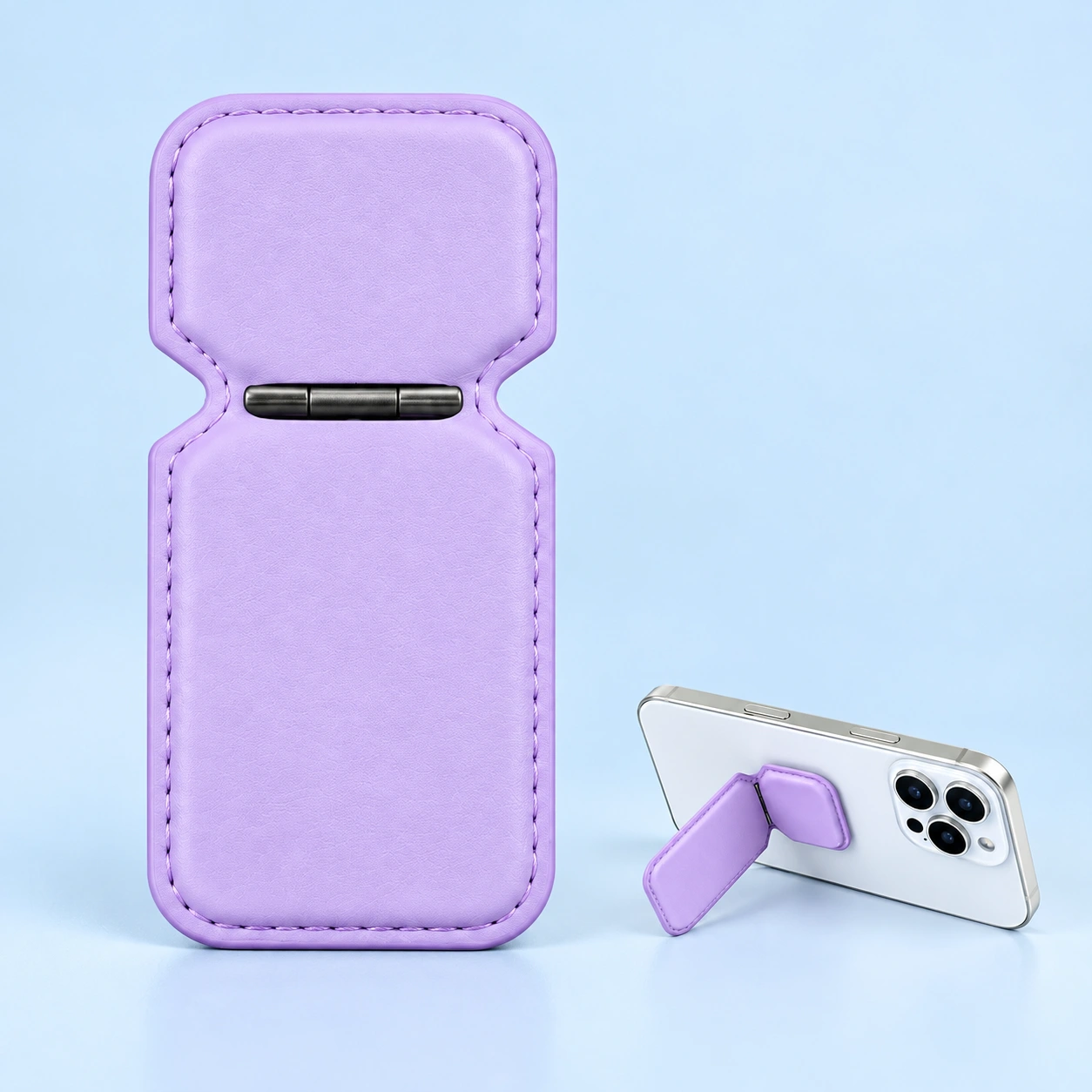 Lilac PU hinged phone kickstand, complete product and illustrative landscape phone support