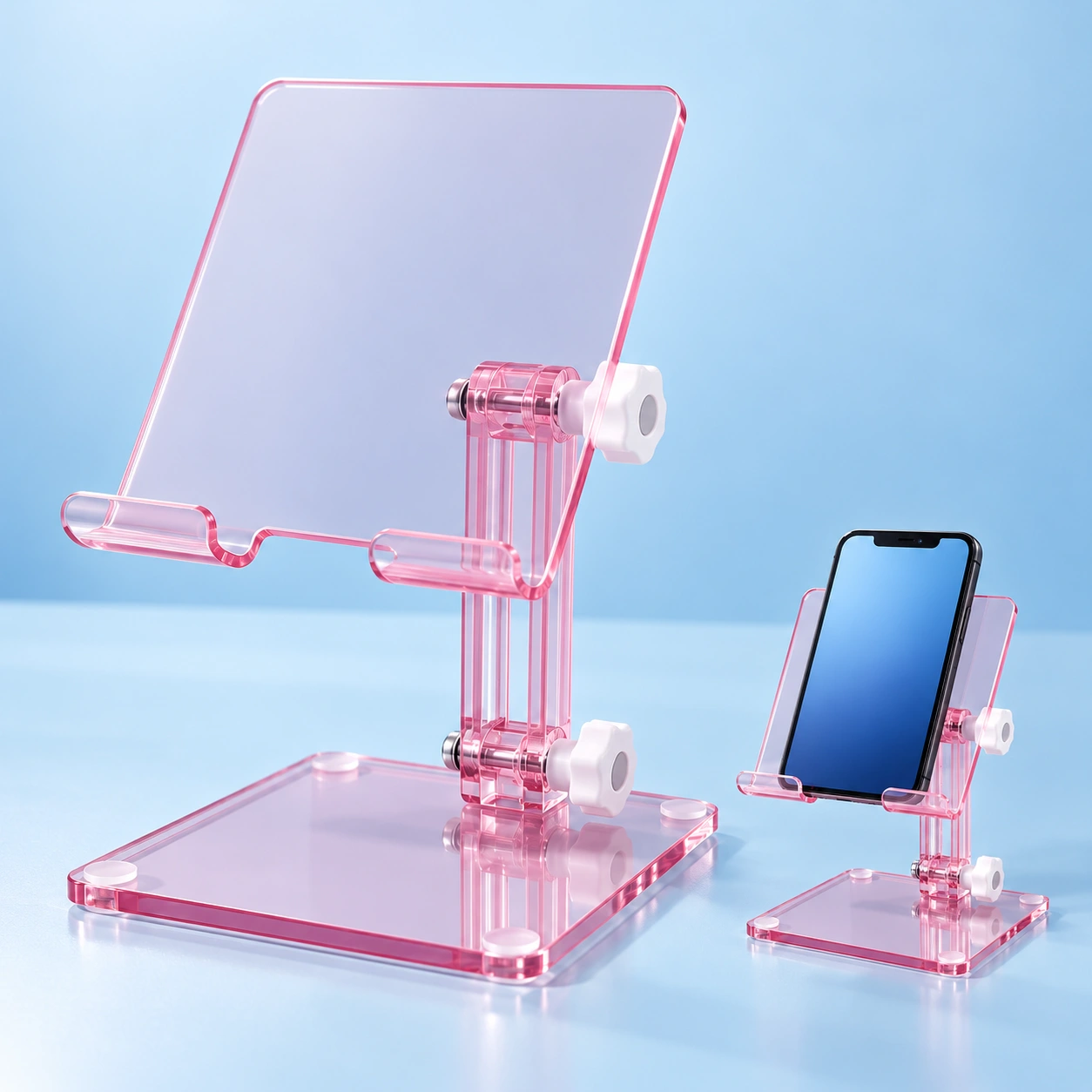 Transparent pink twin-hinge acrylic phone stand with white adjustment knobs and portrait phone illustration