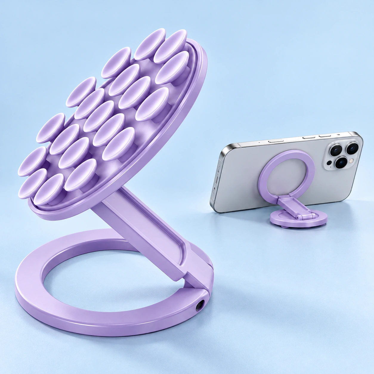Lilac folding magnetic suction phone stand, complete folding ring and suction disc left and landscape desk use right; phone not included