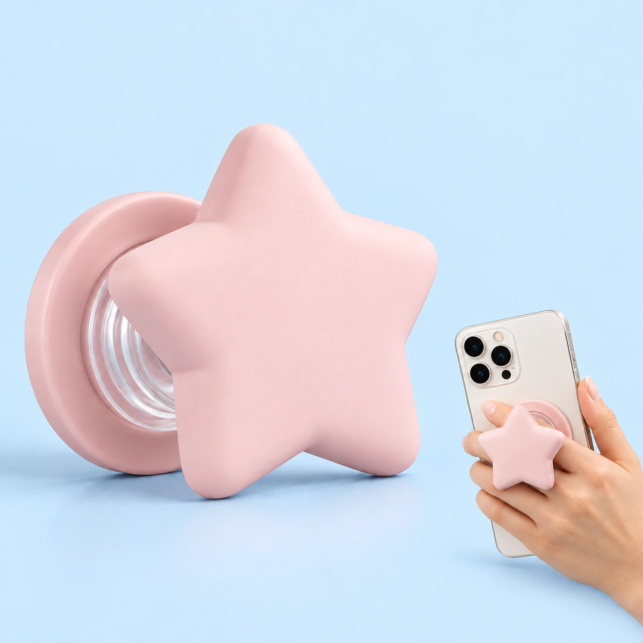 Dusty pink silicone star magnetic expandable phone grip and hand-use illustration