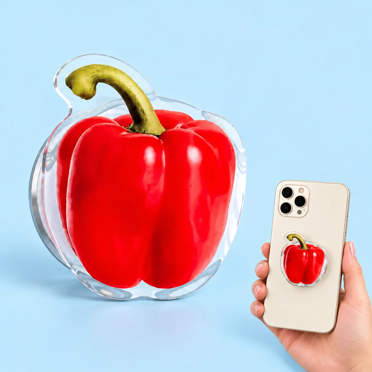 pepper die-cut magnetic expandable phone grip and illustrative flat phone mounting
