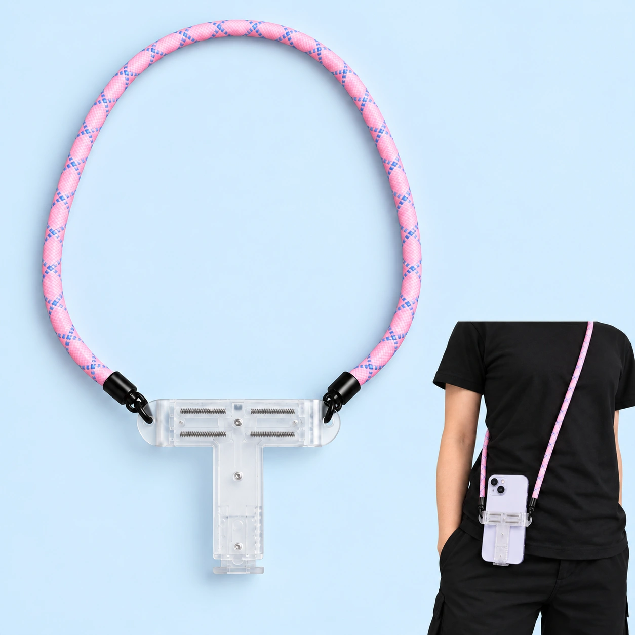 Clear T-clamp phone lanyard with pink and blue-flecked cord, complete set and illustrative wearing view