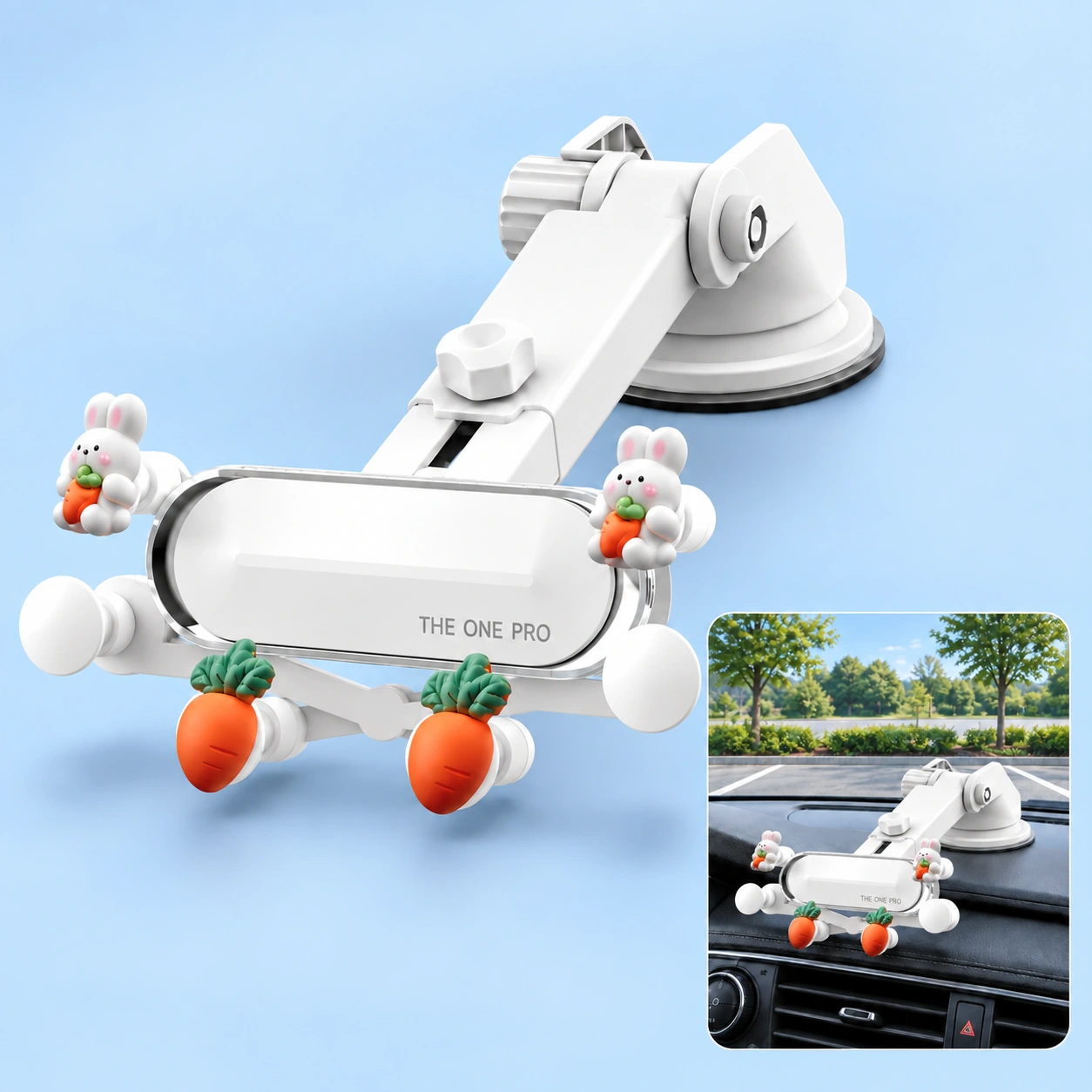 White carrot-bunny long-arm dashboard phone holder shown complete and installed empty on a dashboard
