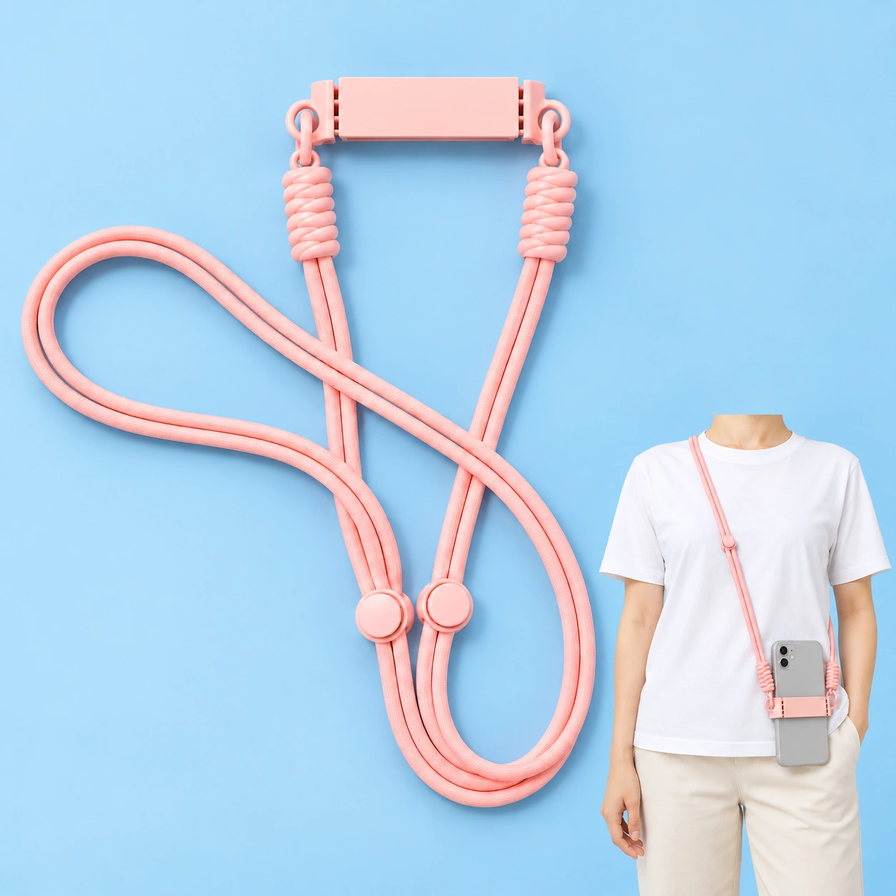 Pastel pink clamp-on crossbody phone lanyard, complete set and illustrative wearing view