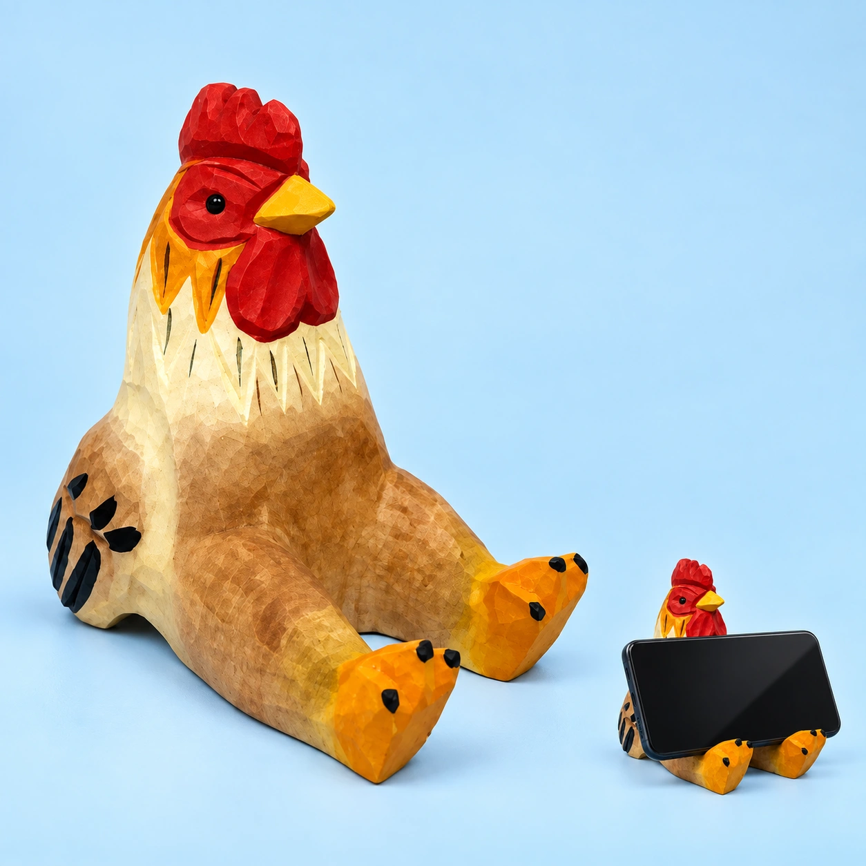 Carved wooden rooster phone stand shown complete and supporting a landscape phone