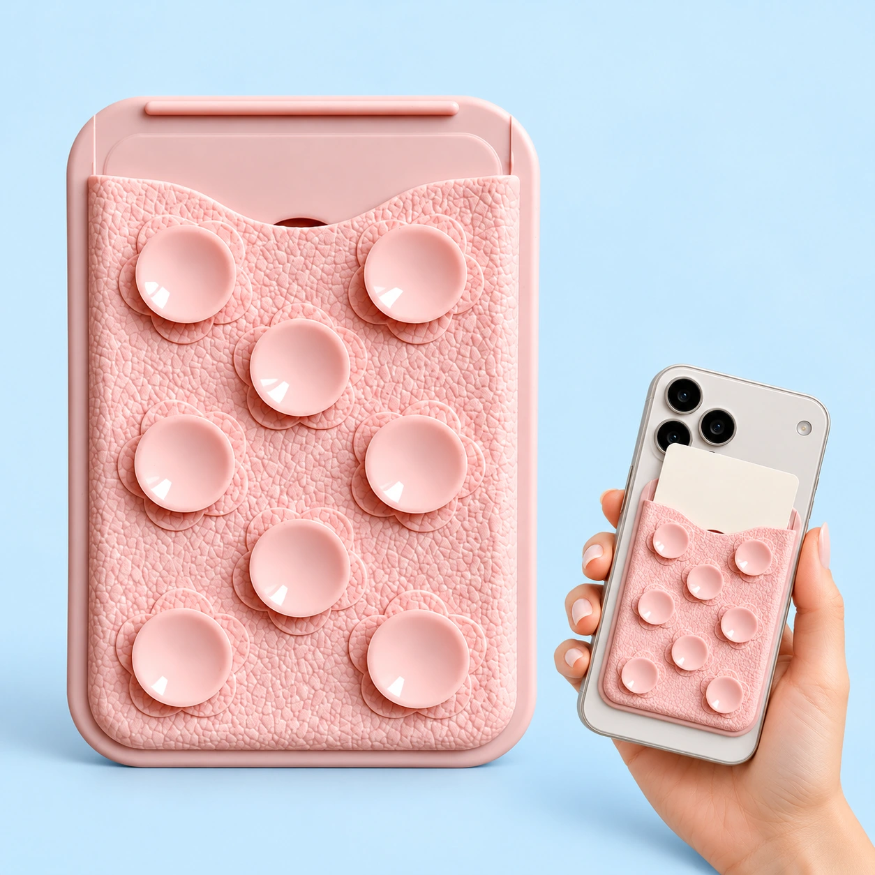 Pink eight-cup magnetic card-pocket phone holder shown complete and mounted on a phone with an illustrative card