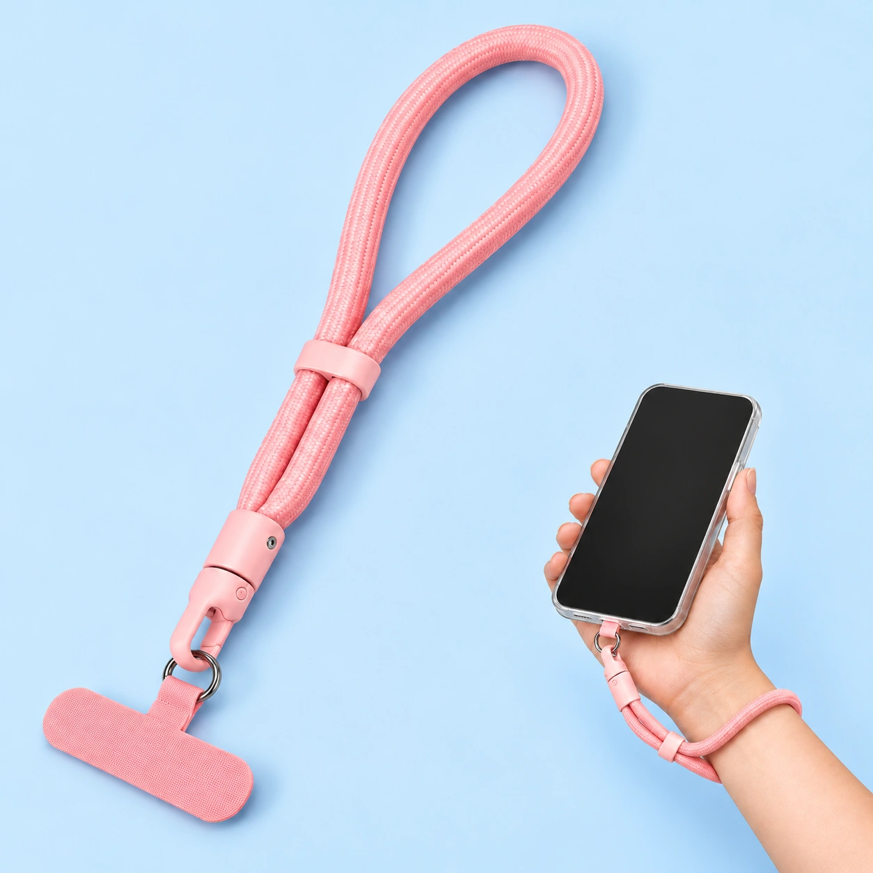 Pastel pink adjustable rope wrist phone lanyard with included pink fabric tab, shown complete and attached to a phone case