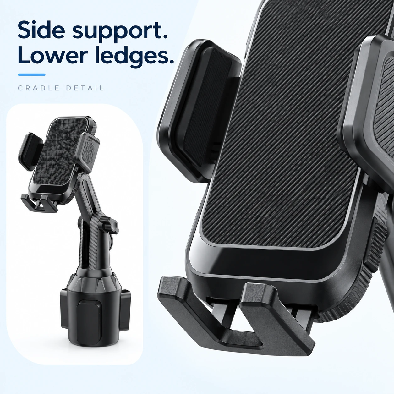 Adjustable Cup Holder Phone Mount — Black — close-up detail