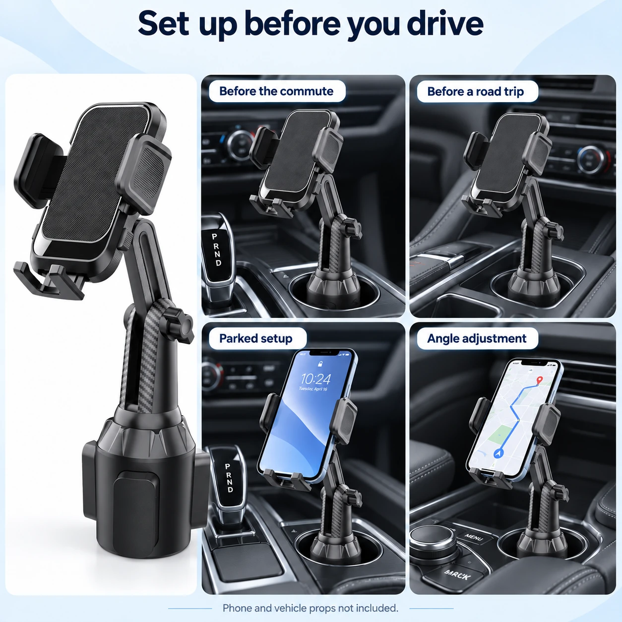 Adjustable Cup Holder Phone Mount — Black — shown in use