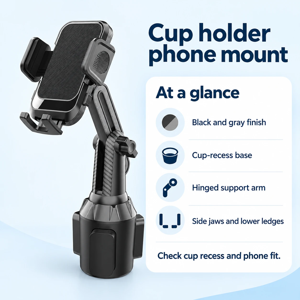 Adjustable Cup Holder Phone Mount — Black — product information card
