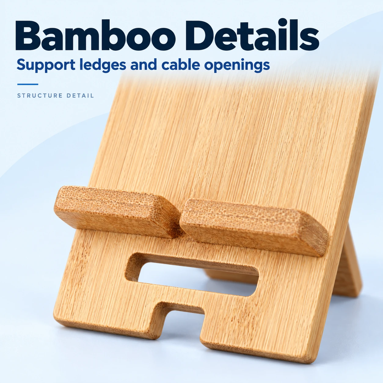 Close-up of bamboo grain, support ledges and separate cable openings