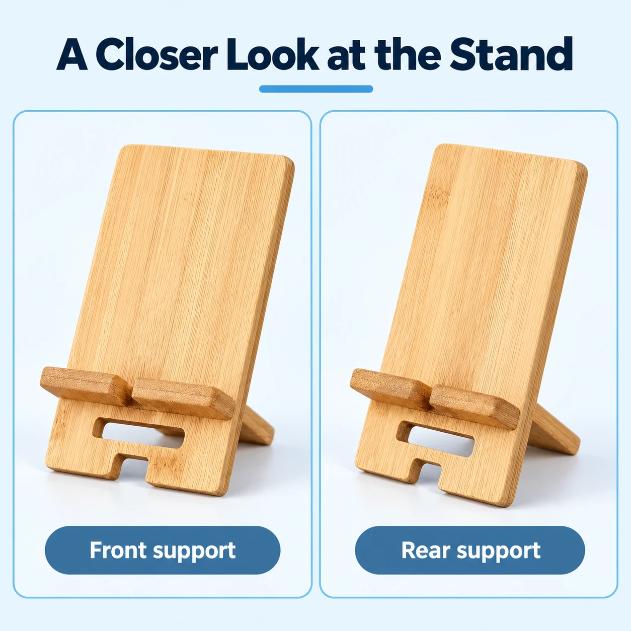 Front and rear-support views of the bamboo phone stand