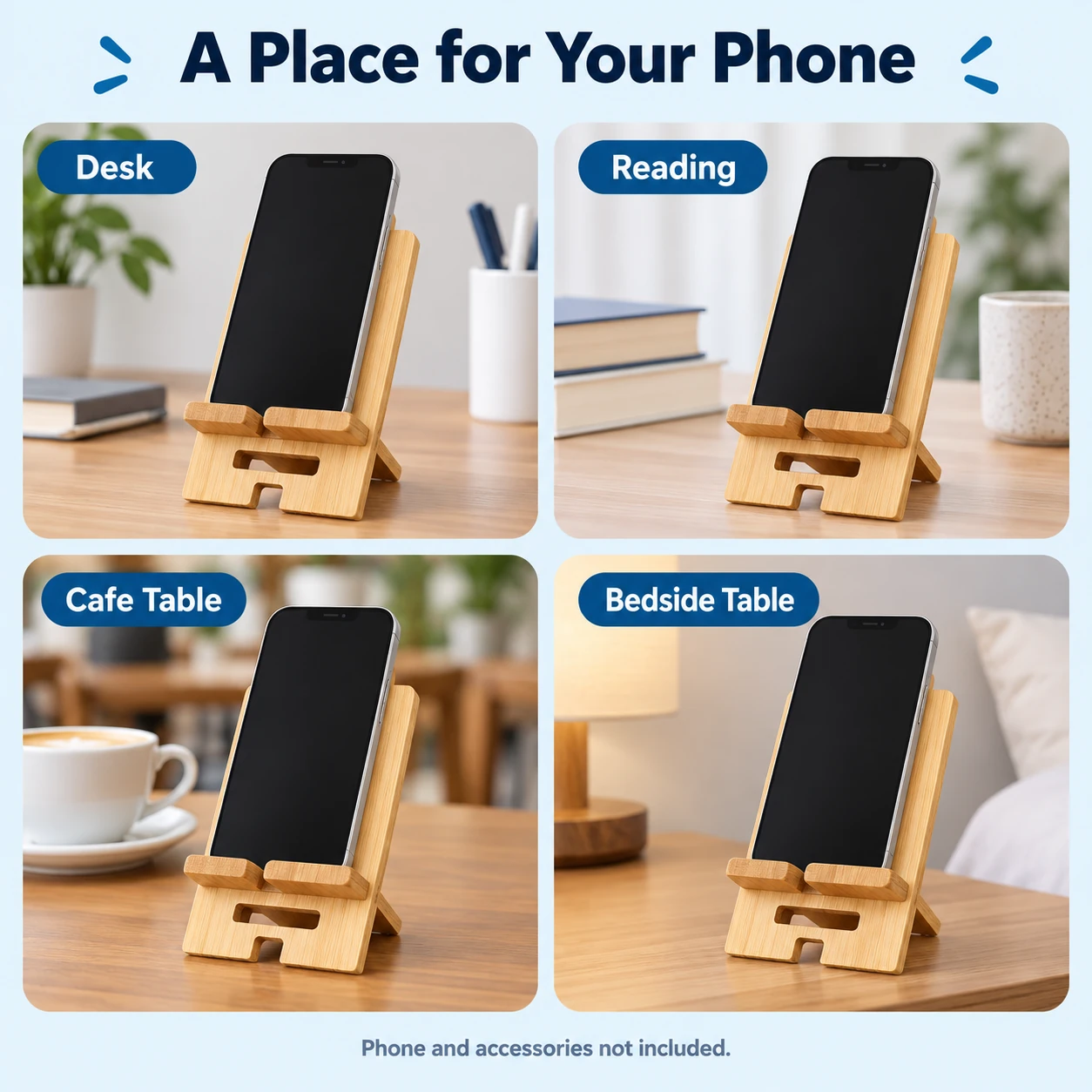 Bamboo desk phone stand with phones correctly resting on the front ledges