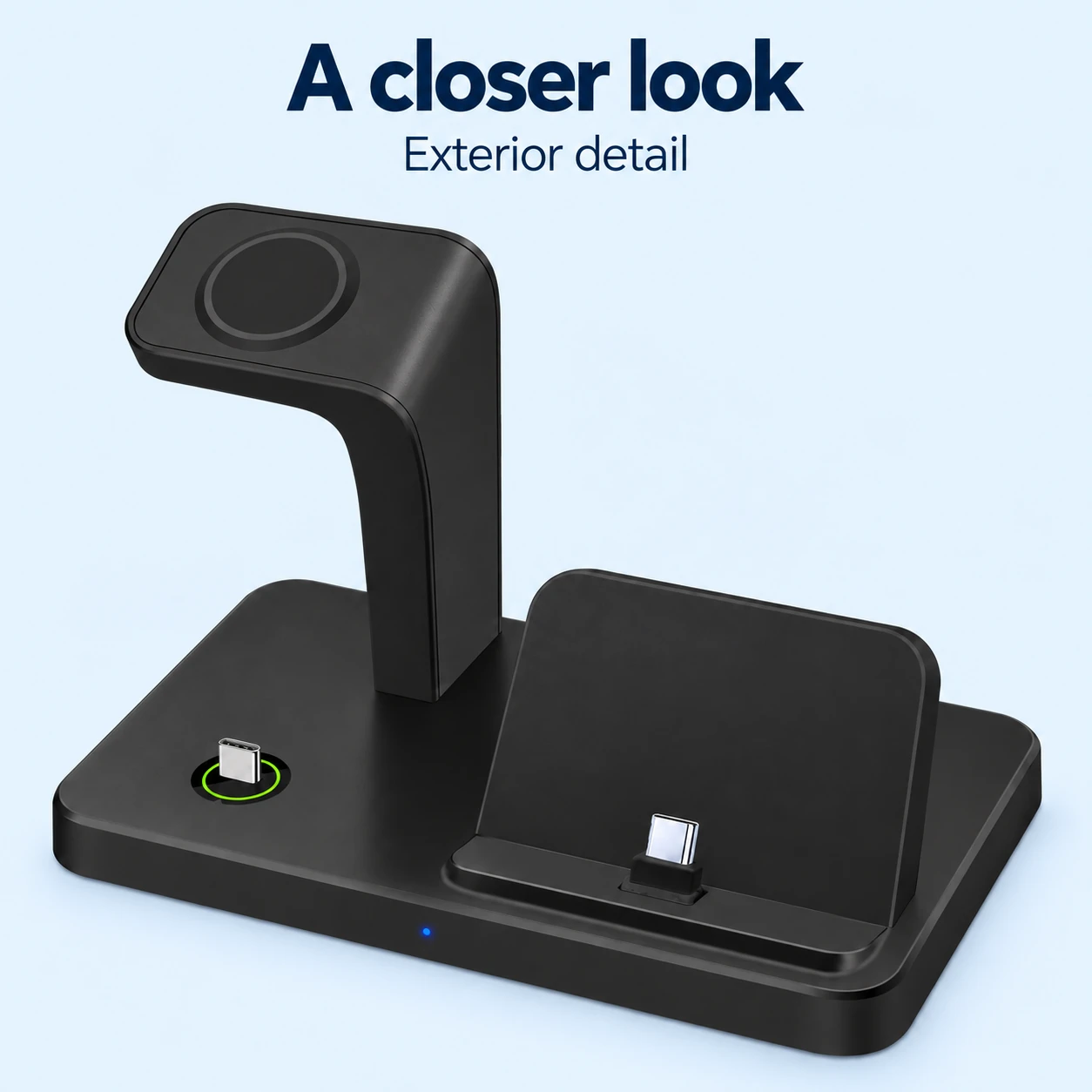 Black Dual USB-C Phone and Watch Charging Dock — exterior details