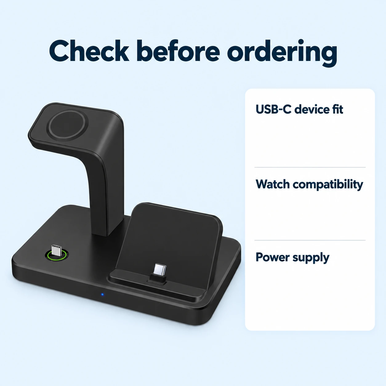 Black Dual USB-C Phone and Watch Charging Dock — device and setup checks
