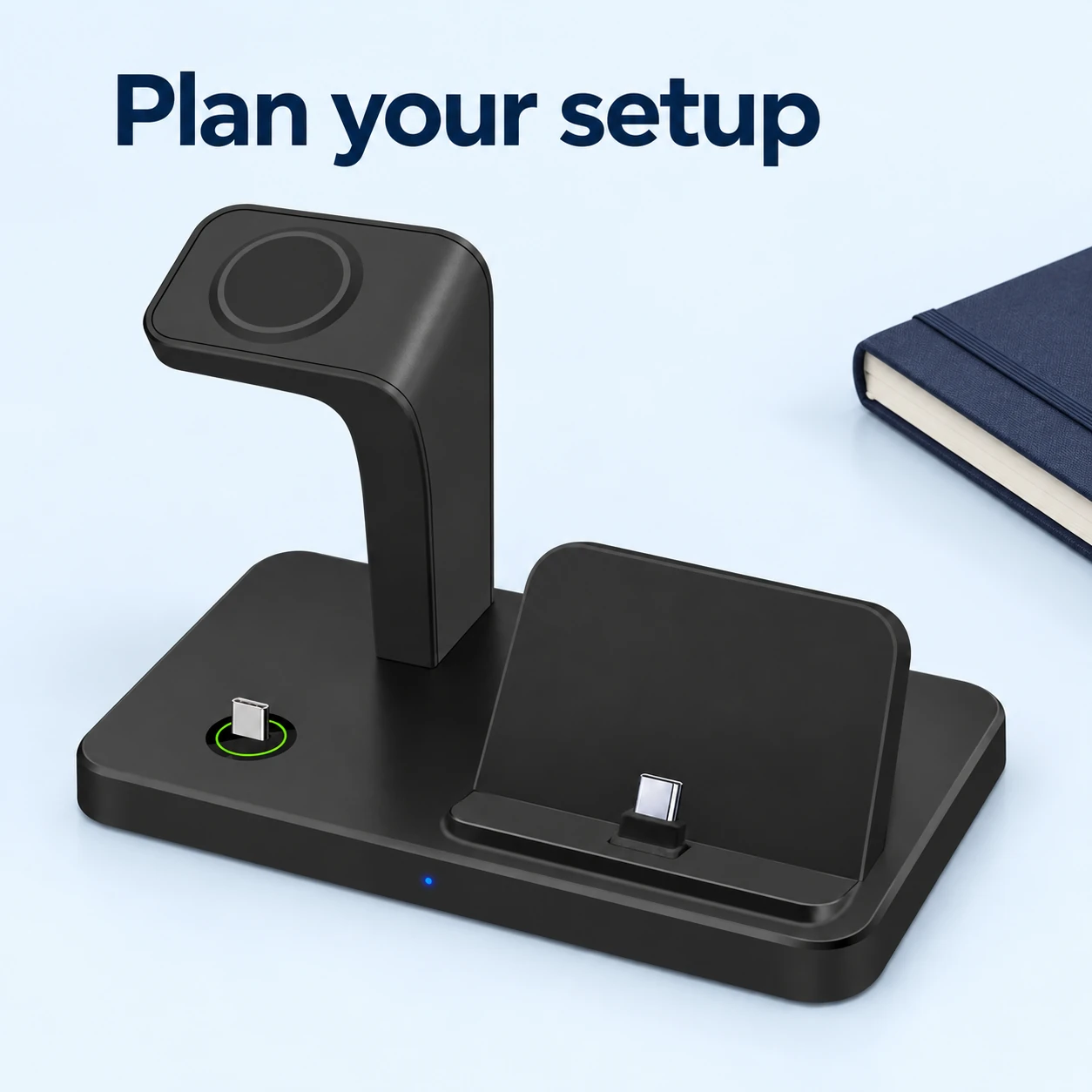 Black Dual USB-C Phone and Watch Charging Dock — setup preparation