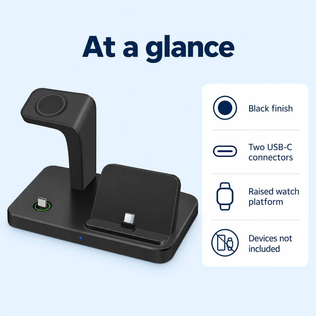 Black Dual USB-C Phone and Watch Charging Dock — basic product information