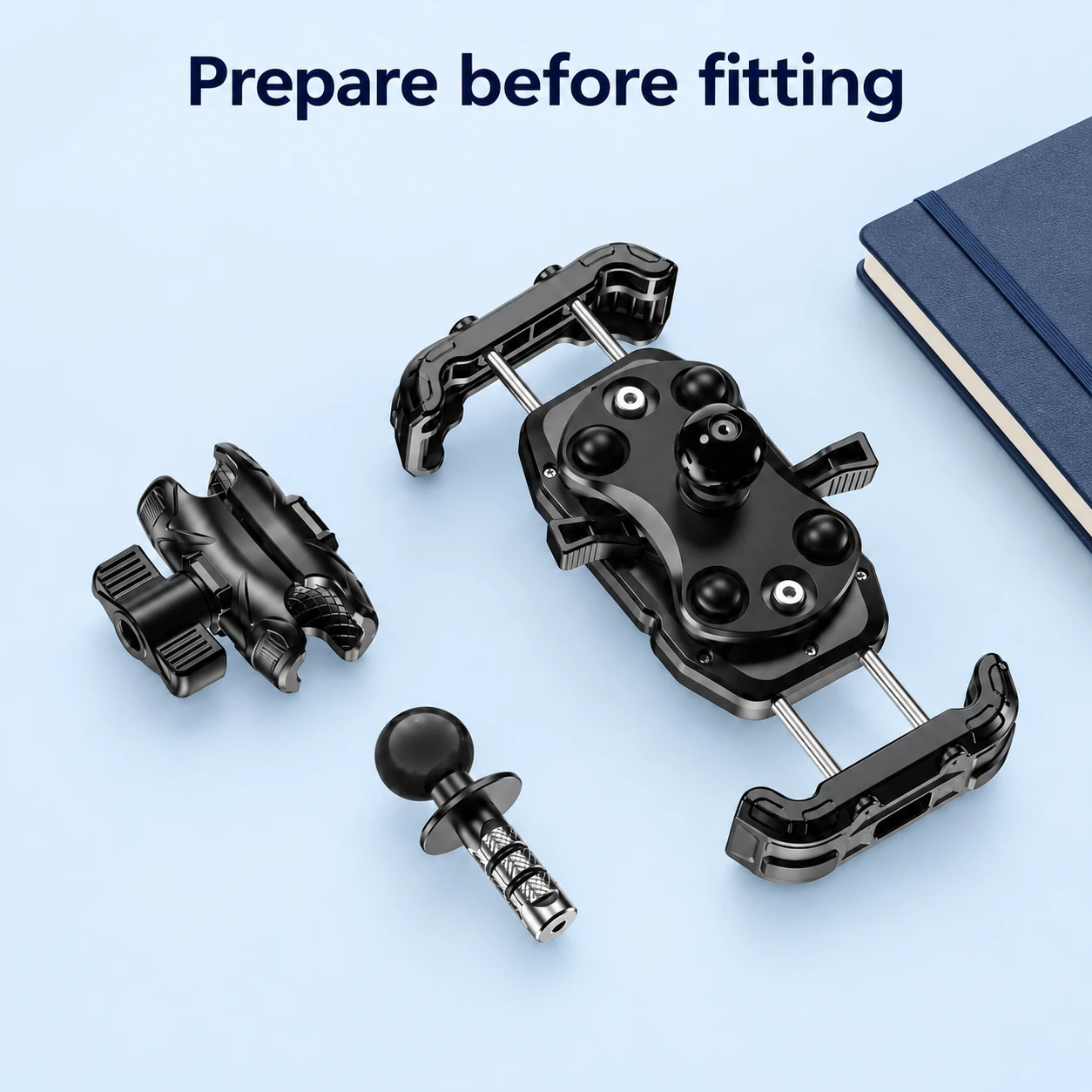 Three unassembled mount components on a dry preparation table