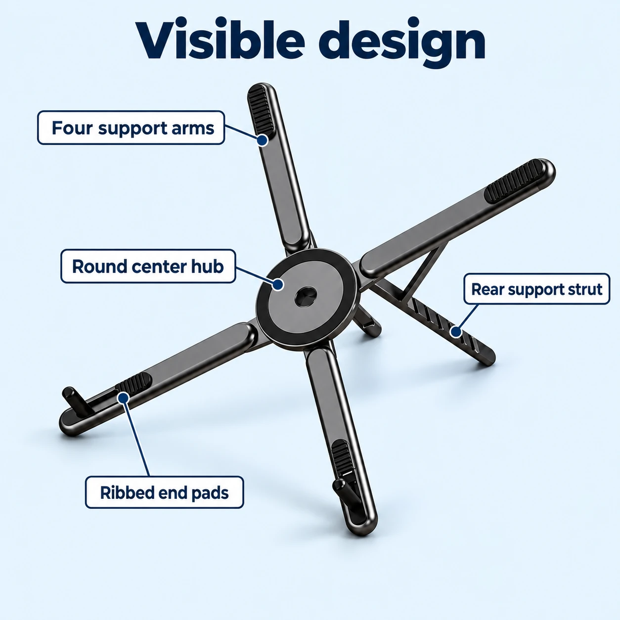 Black Four-Arm Folding Desk Phone Stand — visible features