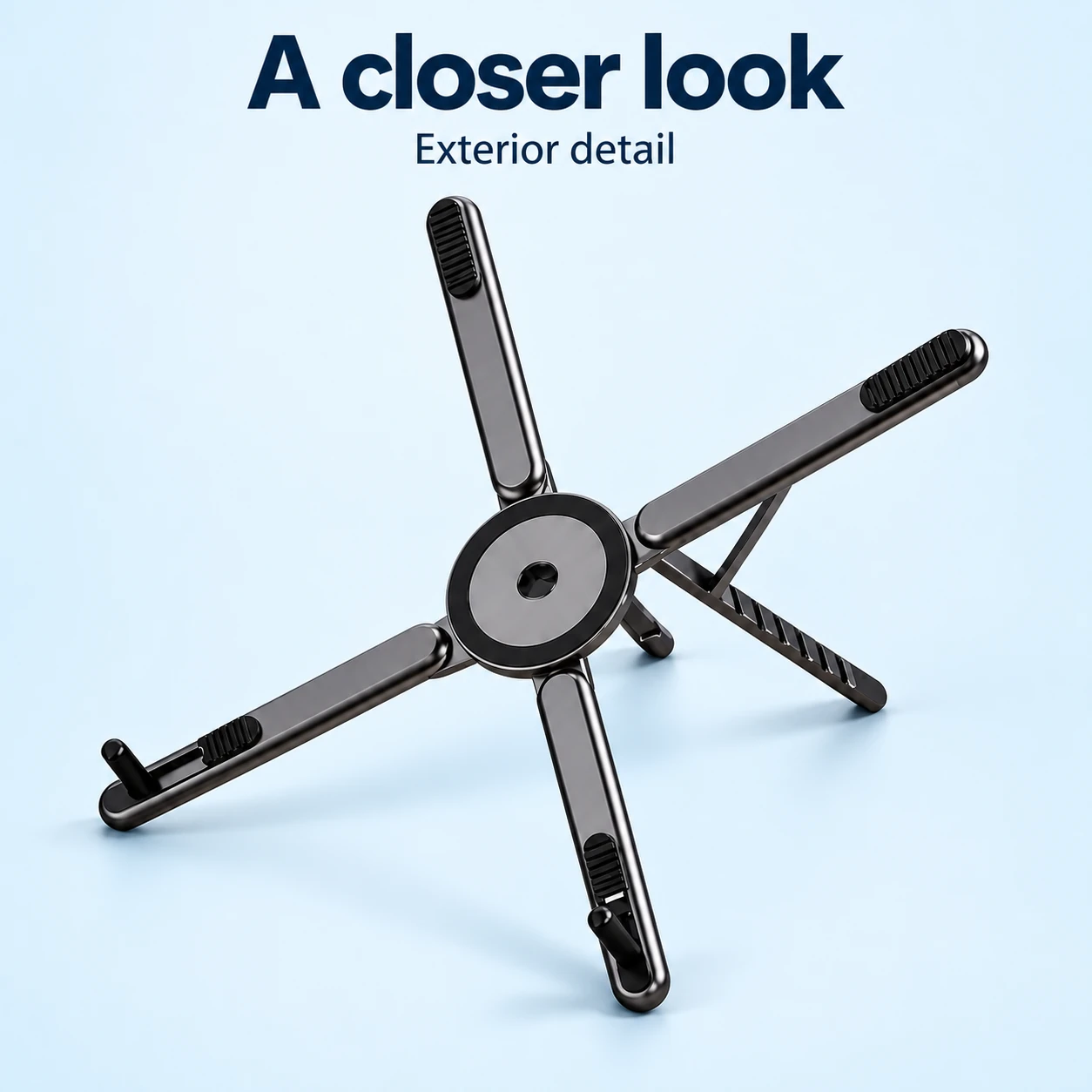 Black Four-Arm Folding Desk Phone Stand — exterior detail