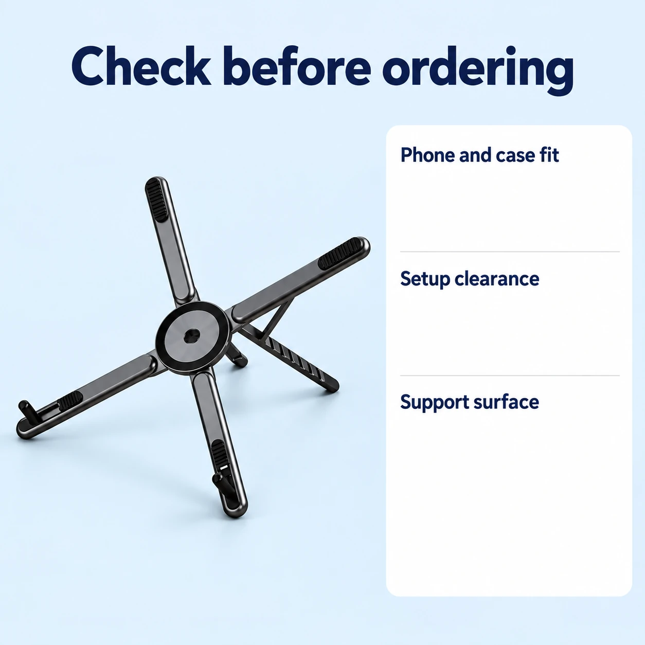 Black Four-Arm Folding Desk Phone Stand — fit checks