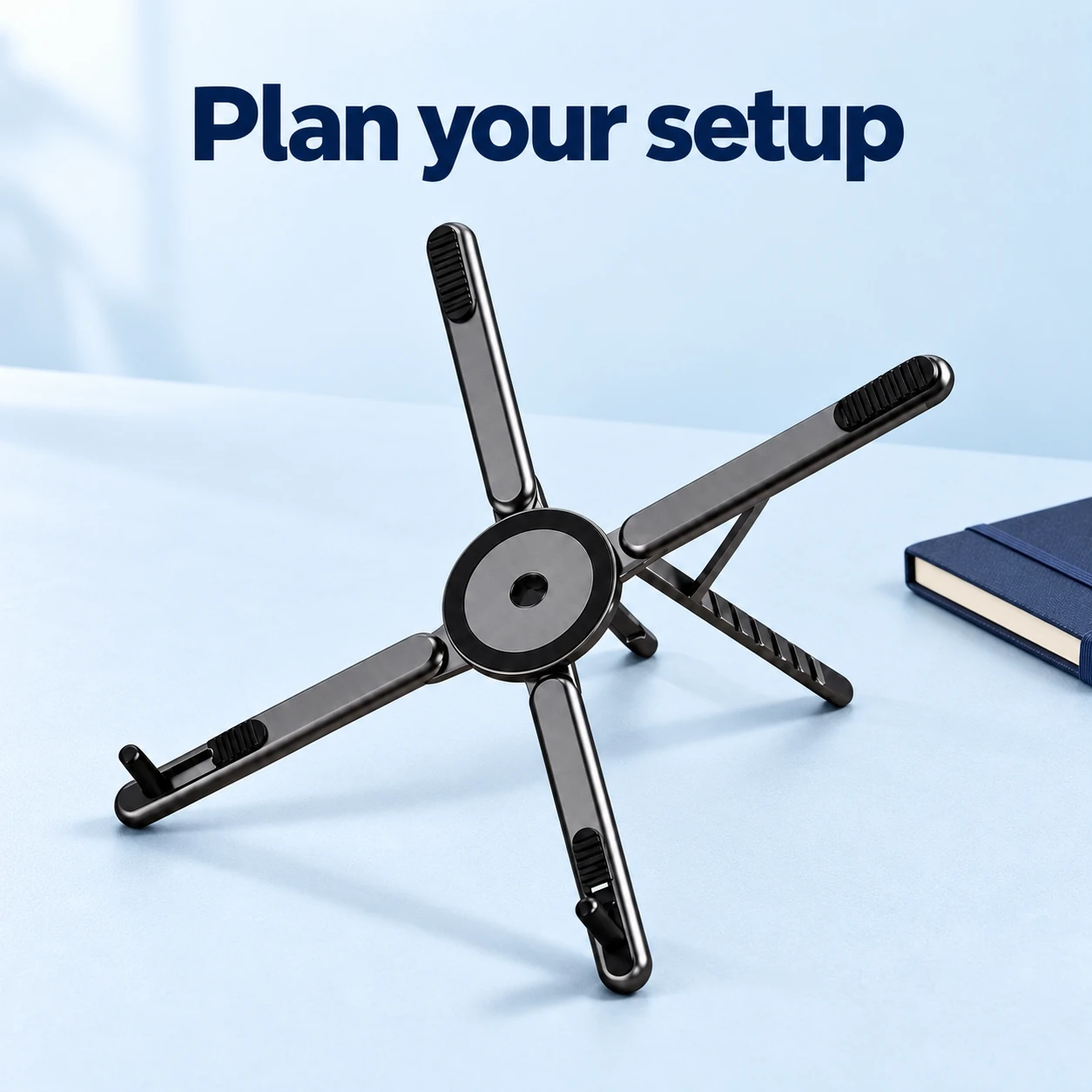 Black Four-Arm Folding Desk Phone Stand — setup preparation