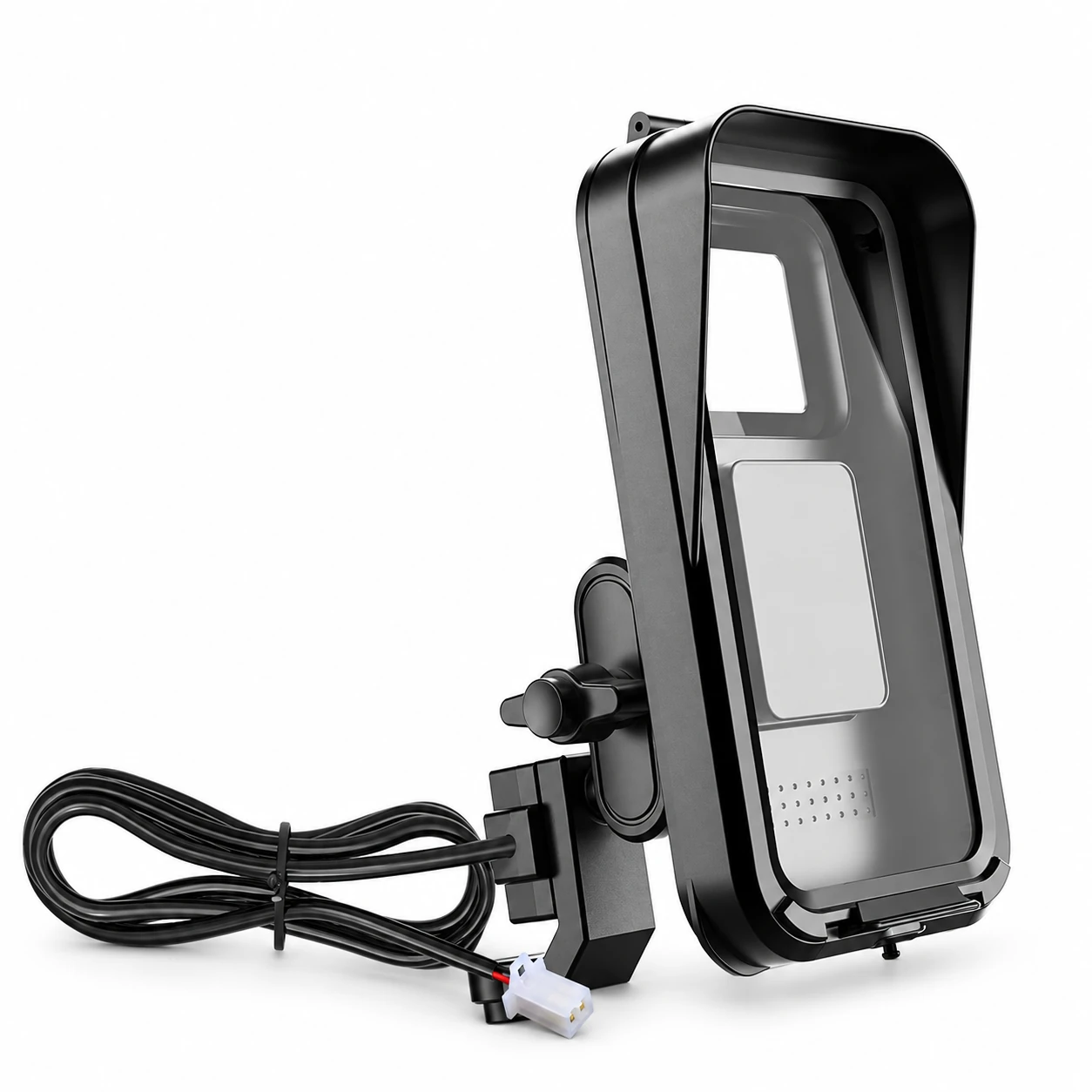 Black Hooded Motorcycle Phone Holder with Charger — empty product on white