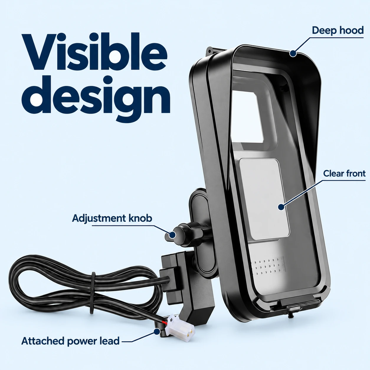 Black Hooded Motorcycle Phone Holder with Charger — visible exterior features