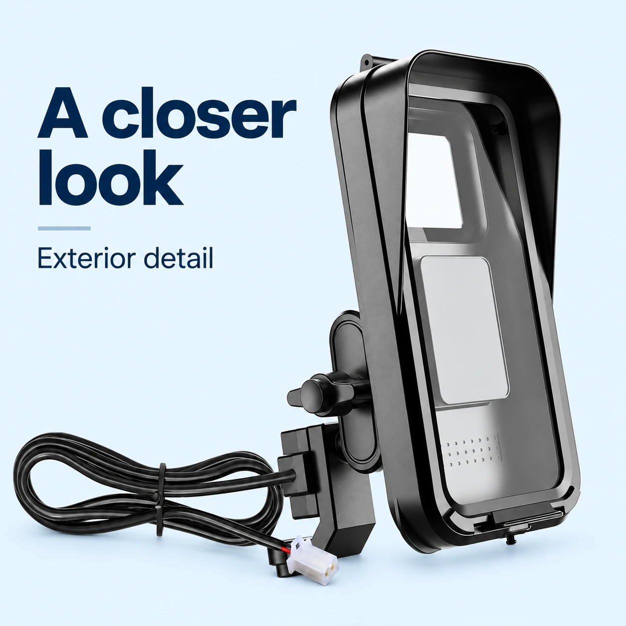 Black Hooded Motorcycle Phone Holder with Charger — exterior details