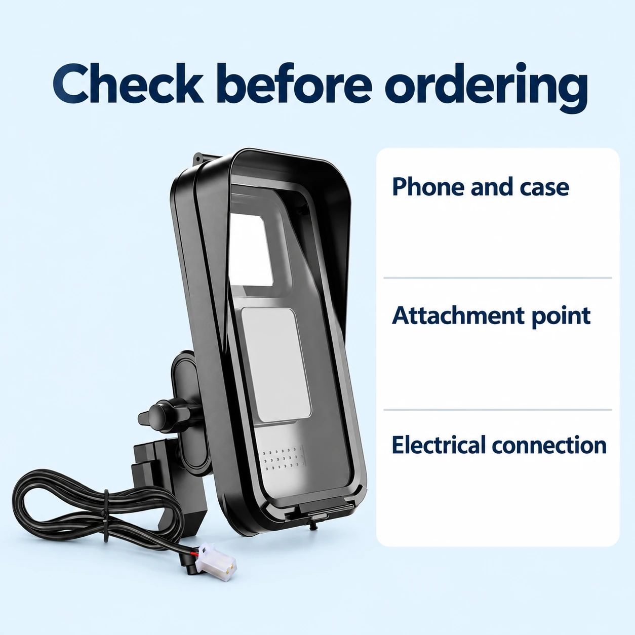 Black Hooded Motorcycle Phone Holder with Charger — fit and setup checks