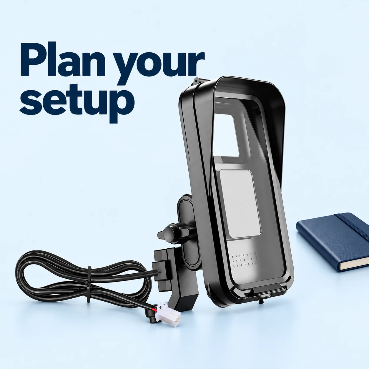 Black Hooded Motorcycle Phone Holder with Charger — setup preparation