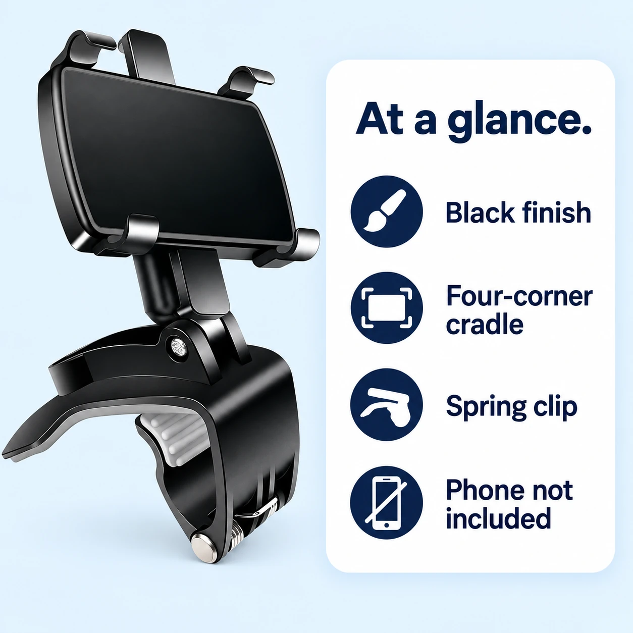 Rear view mirror holder information card showing black finish, cradle and spring clip