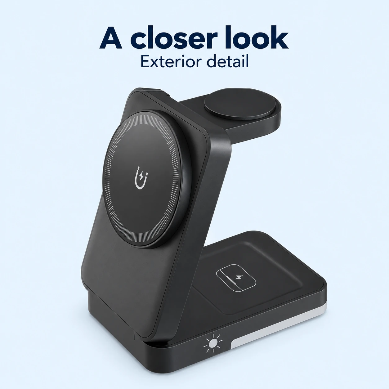 Black Round-Pad Folding Phone and Watch Charging Stand — exterior details