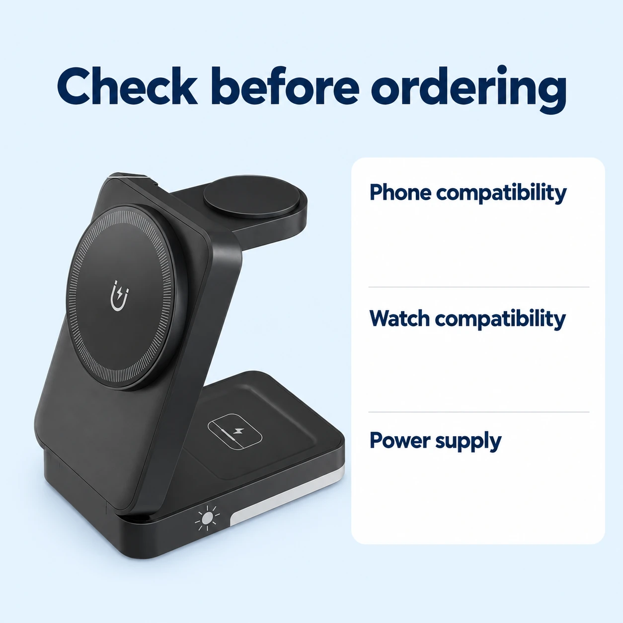 Black Round-Pad Folding Phone and Watch Charging Stand — device and setup checks